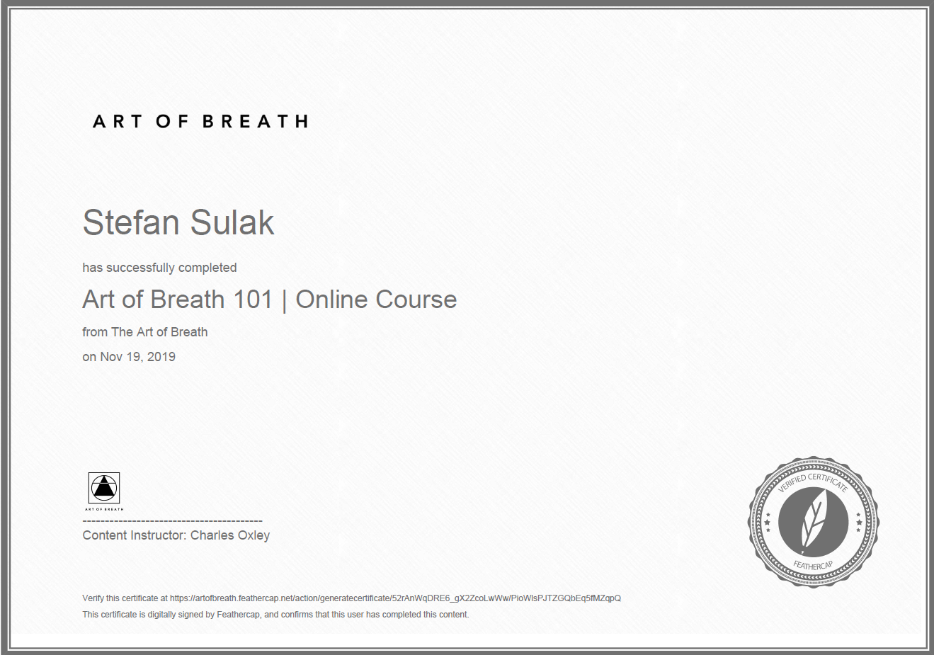 Certifikát Art of Breath 101 — The Art of Breath (Charles Oxley)