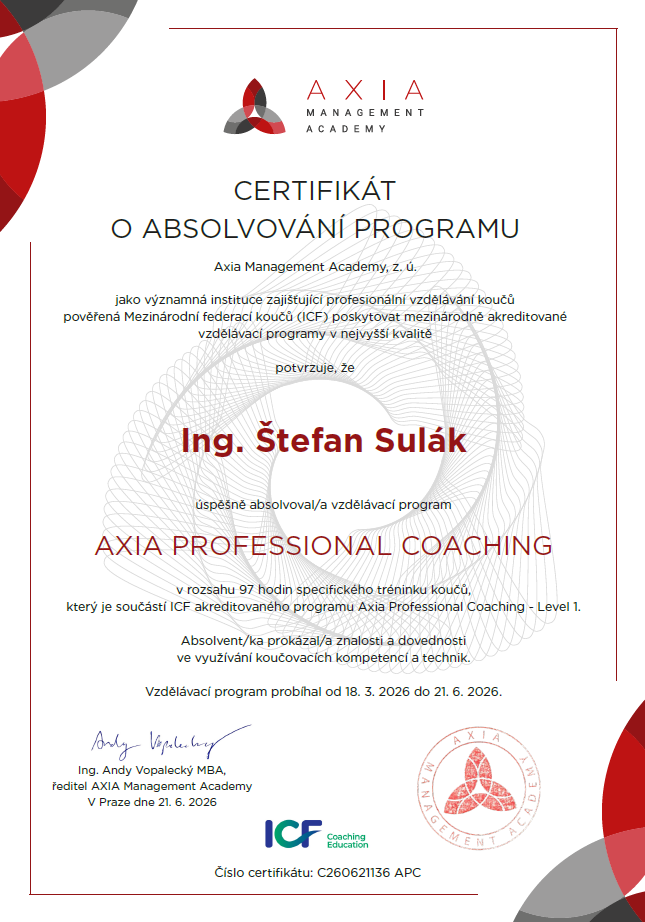 Certifikát Axia Professional Coaching — Axia Management Academy (ICF akreditovaný program)