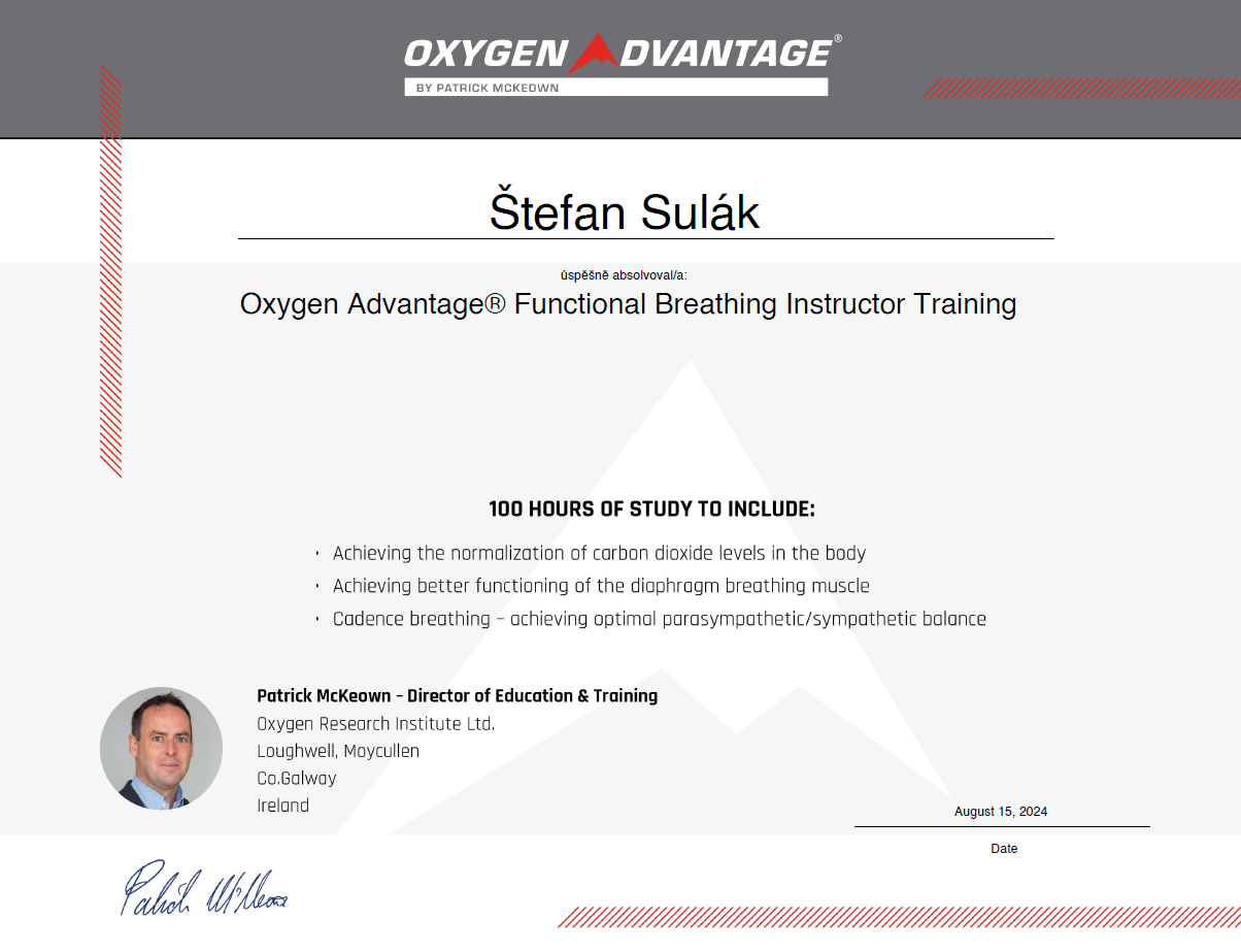 Certifikát Functional Breathing Instructor — Oxygen Advantage® (Patrick McKeown)