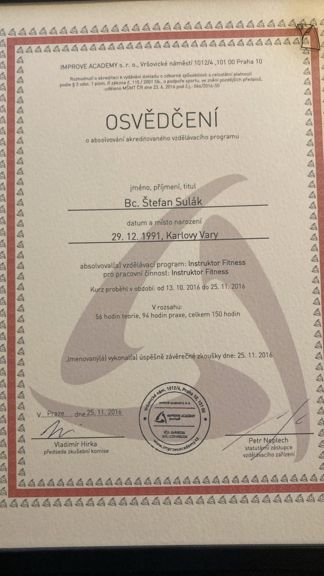 Certifikát Instruktor fitness — Improve Academy