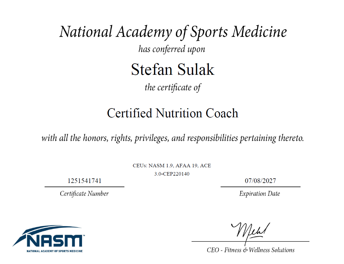 Certifikát Certified Nutrition Coach — NASM (National Academy of Sports Medicine)